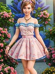 Young Woman in Vintage Dress in Lush Garden