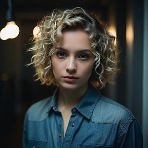 Curly Blonde Woman in Denim Shirt Close-Up Portrait
