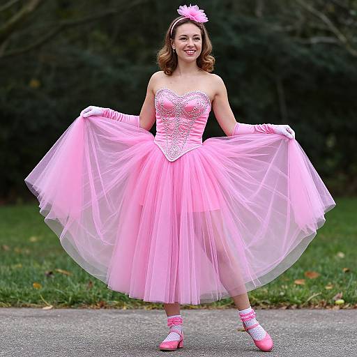 Woman in Pink Ballet Costume with Tulle Skirt Outdoors