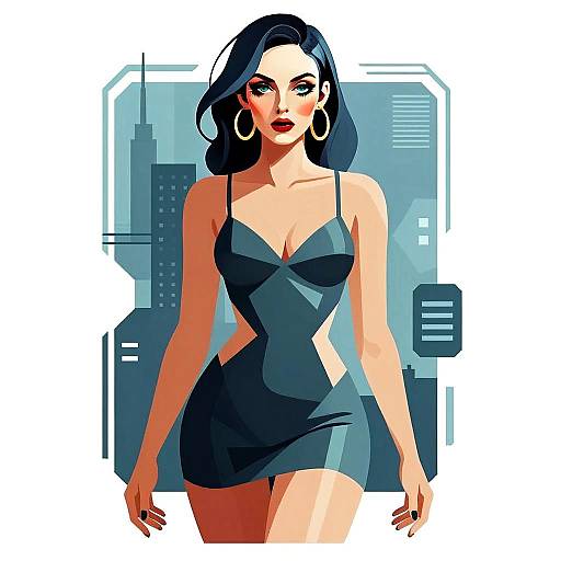 Stylish Woman in Form-Fitting Dress Digital Illustration with Cityscape Background