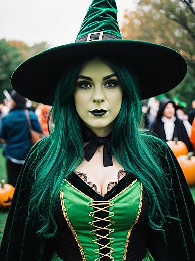 Woman in Green Witch Costume Candid Cosplay Portrait at Halloween Eve