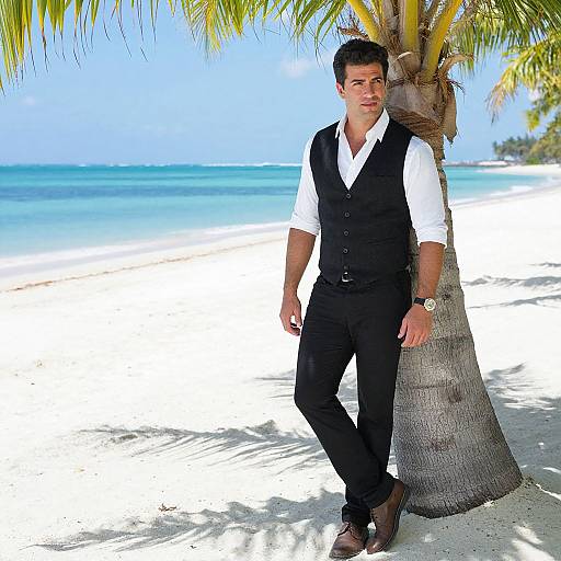 Man in Black Vest Leaning on Palm Tree at Tropical Beach