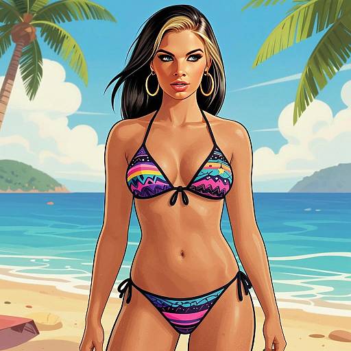 Illustrated Woman in Colorful Bikini on Tropical Beach