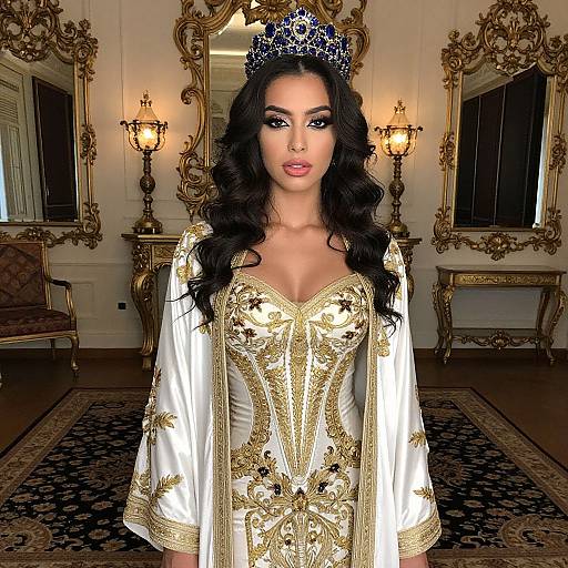 Regal Woman in Embroidered White and Gold Gown with Blue Jeweled Crown in Ornate Room