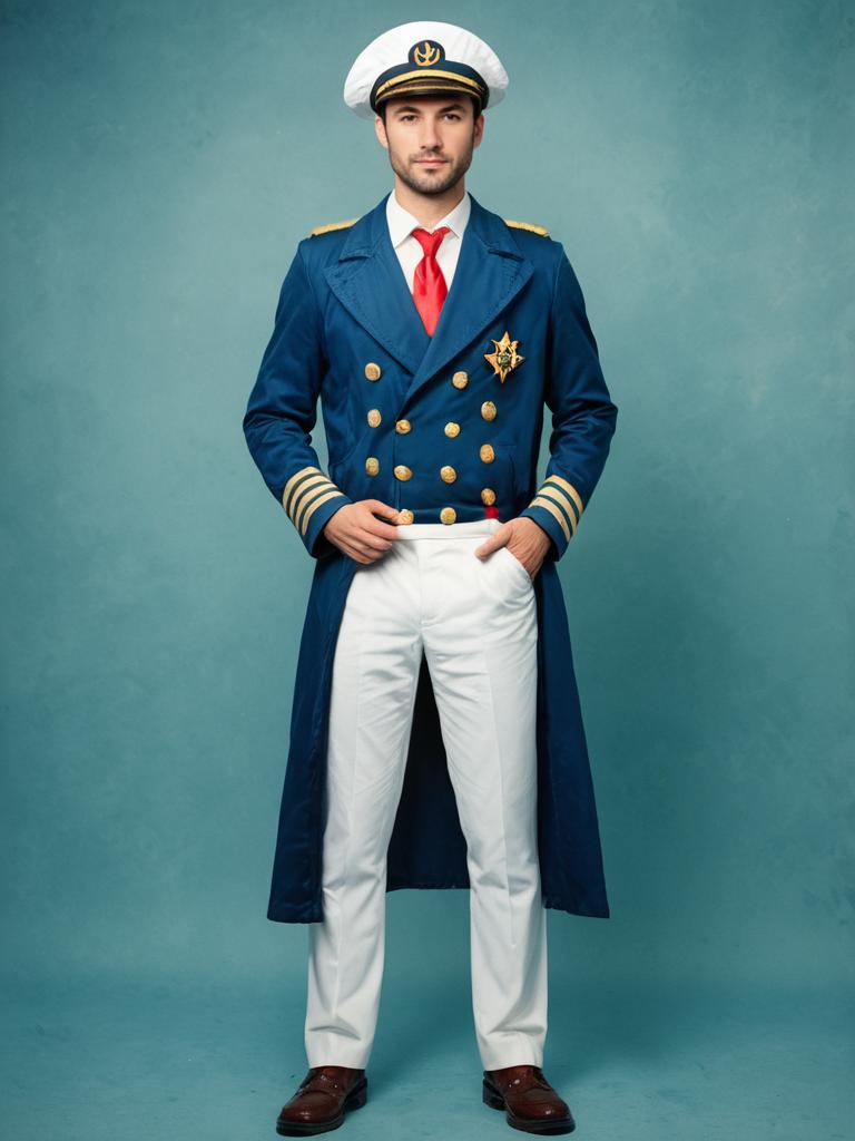 Man in Ship Captain Costume Full Body Cosplay Photo with Hat and Coat