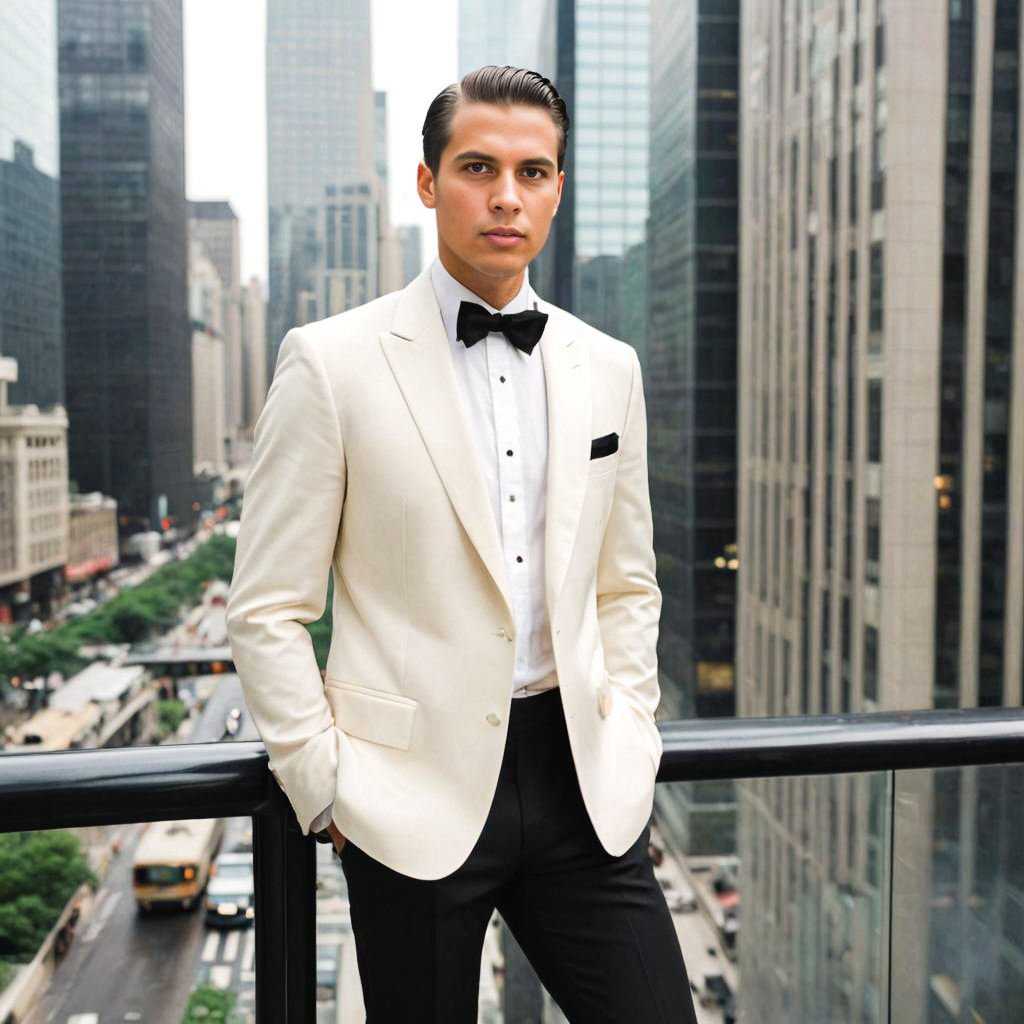 Man in White Tuxedo Against Urban Skyline