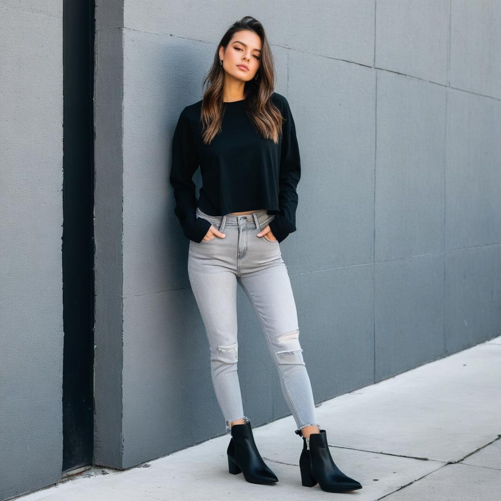 Stylish Woman in Black Crop Top and Ripped Gray Jeans Urban Street Style