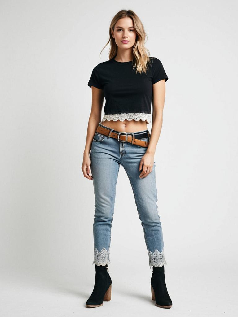 Stylish Woman in Cropped Black Tee and Lace-Trimmed Jeans with Boots
