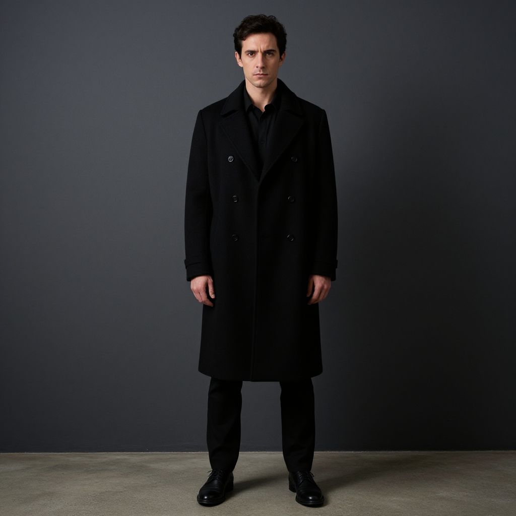 Man Wearing Black Double-Breasted Overcoat Fashion Portrait