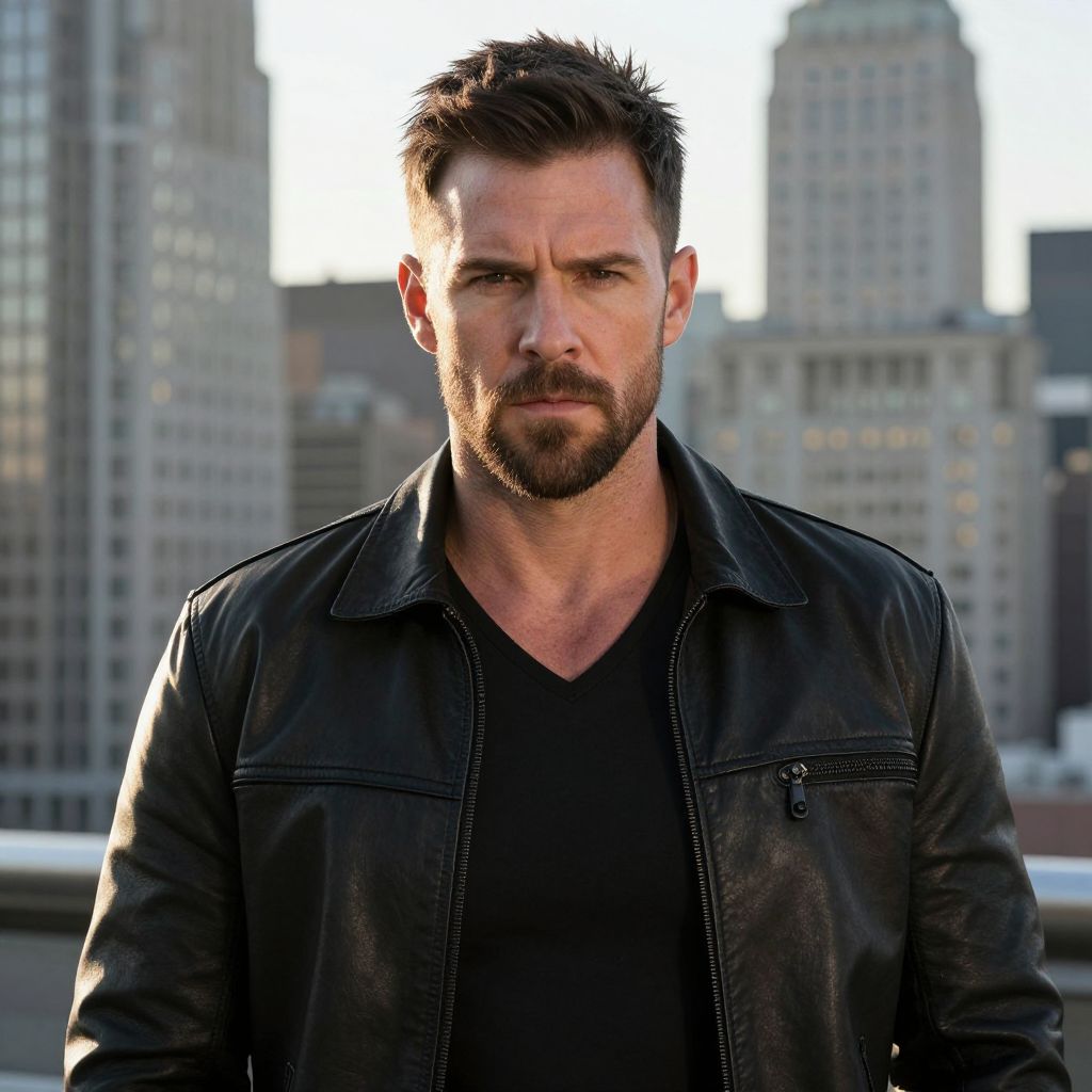 Serious Man in Black Leather Jacket with Urban Cityscape Background
