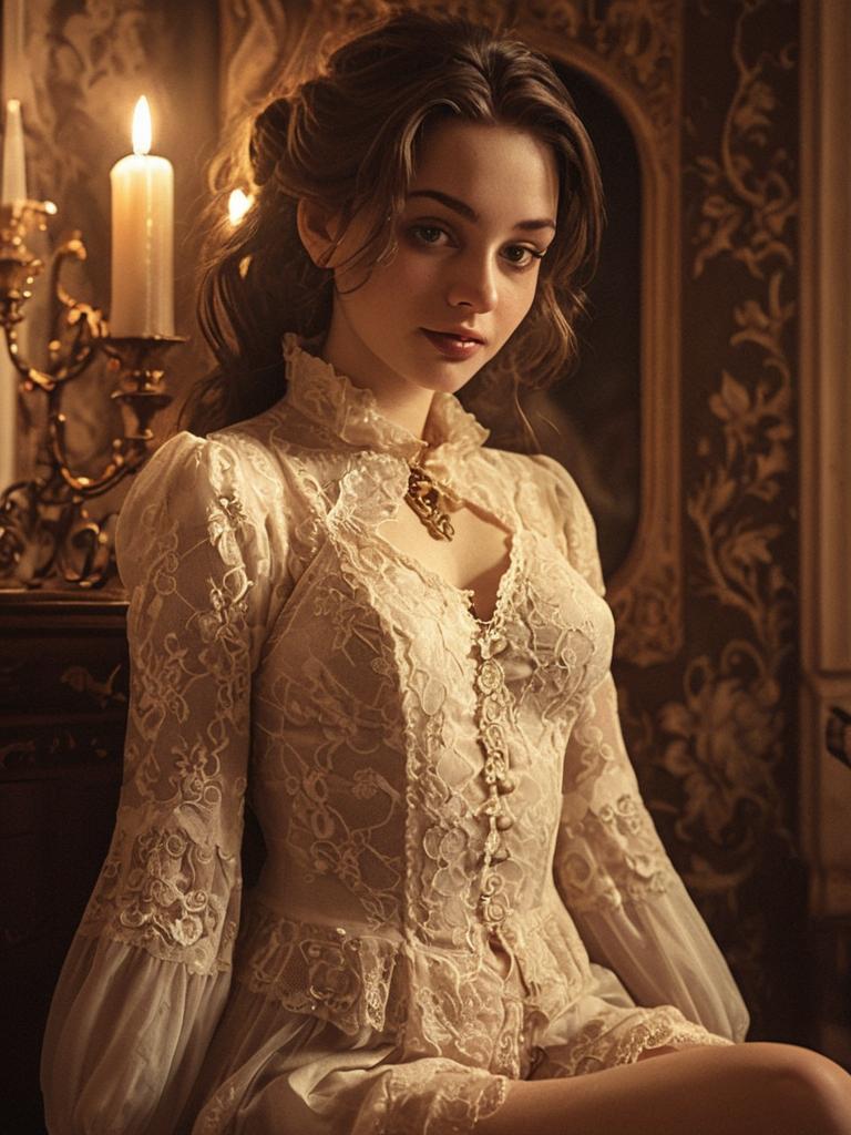 Young Woman in Vintage Lace Dress Sitting in Classic Warm Interior