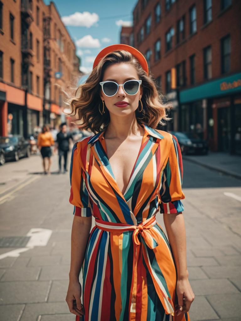 Confident Woman in Retro Costume Walking Down City Street