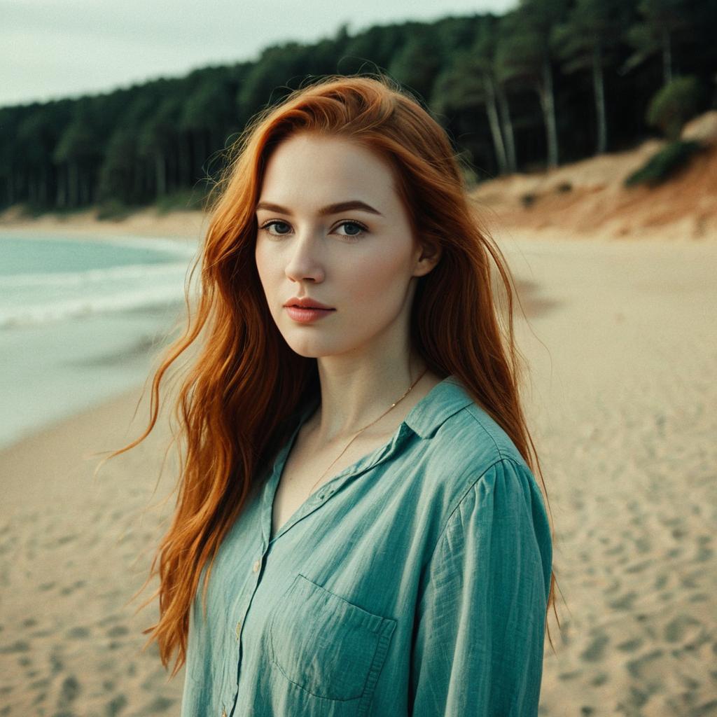 Portrait of Red-Haired Woman on Peaceful Beach with Forest Background
