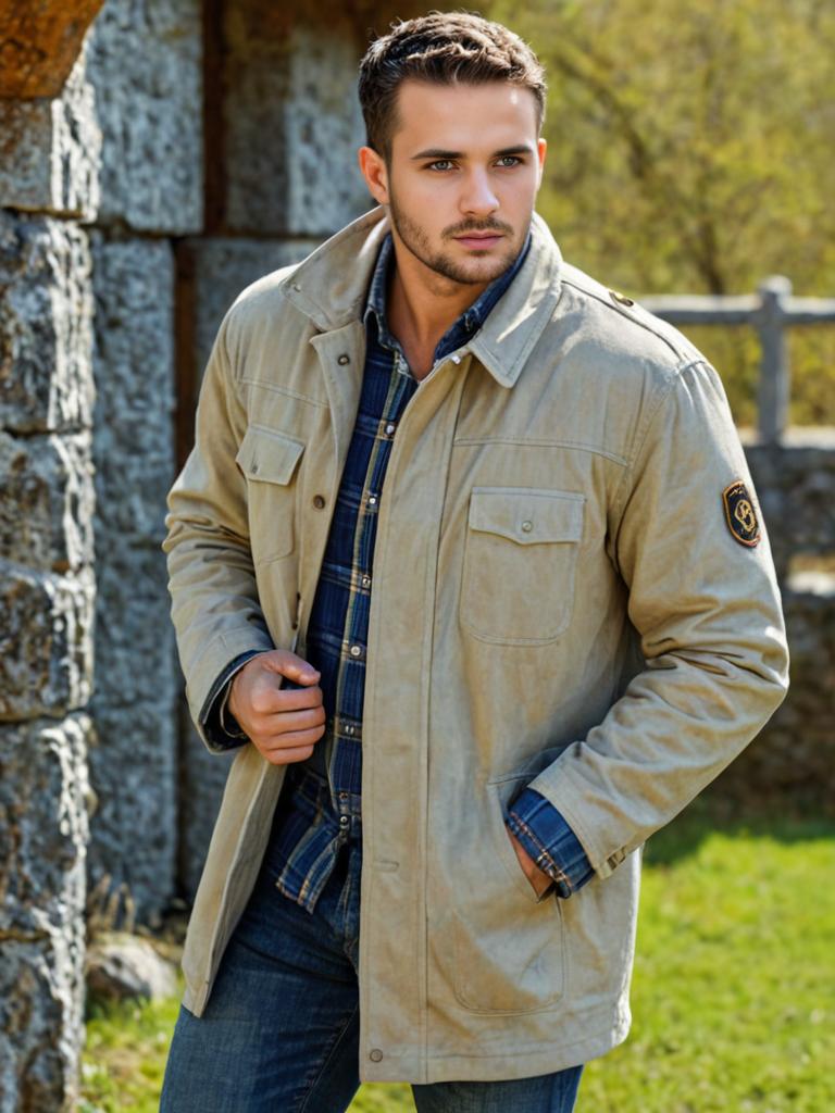 Stylish man in light jacket outdoors with greenery