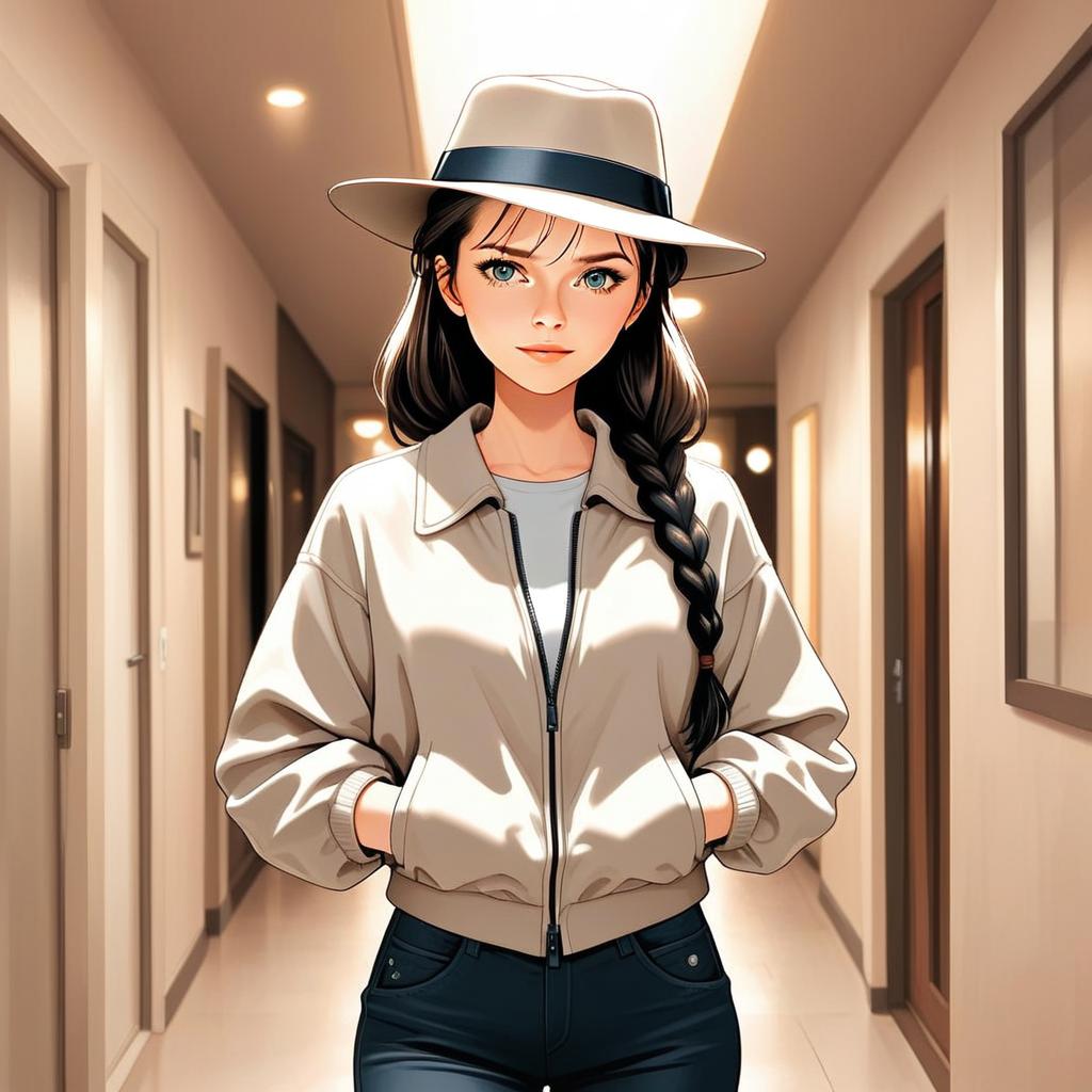 Stylish young woman in beige jacket and wide-brimmed hat Stylish young woman in beige jacket and wide-brimmed hat