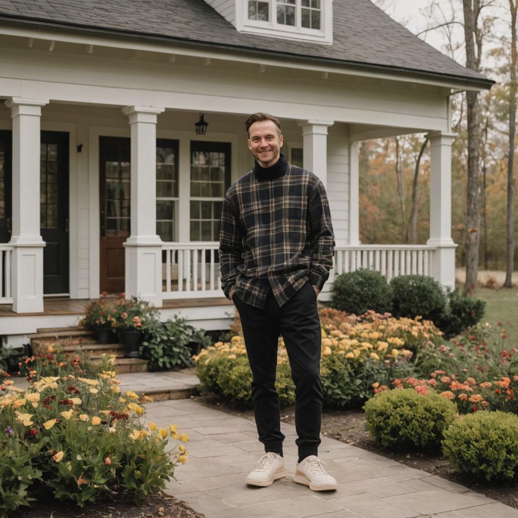 Stylish Man in Front of Charming House with Garden