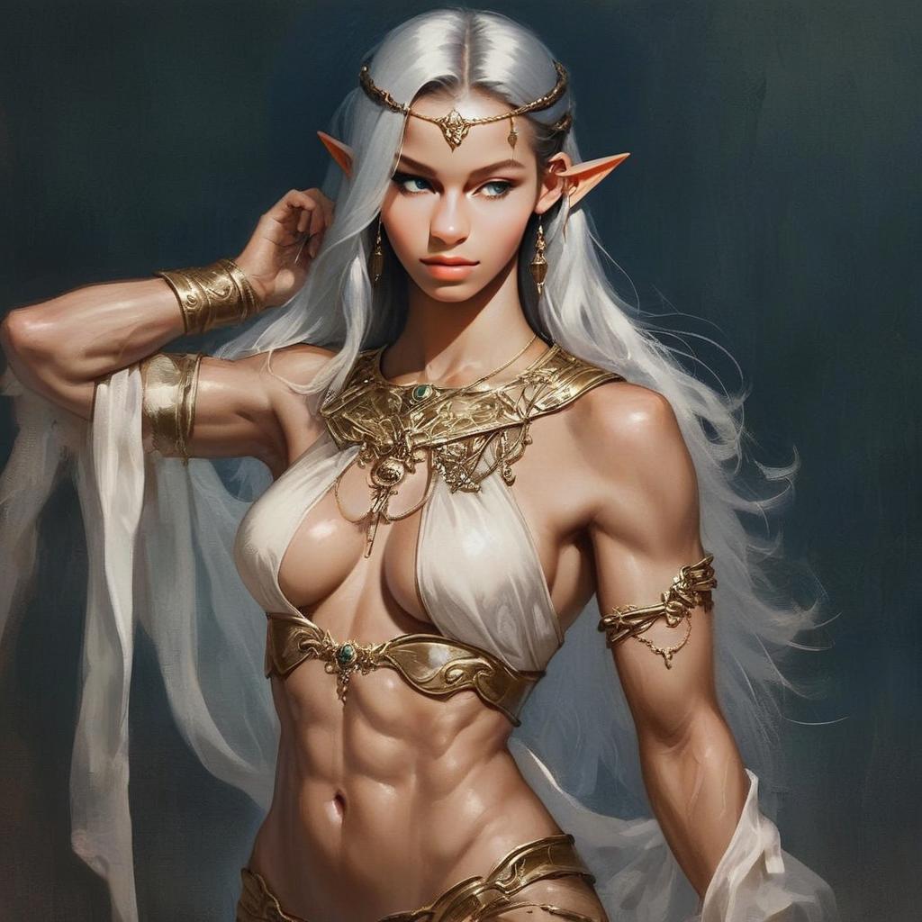 Fantasy Muscular Elven Woman in Ornate Armor Digital Artwork
