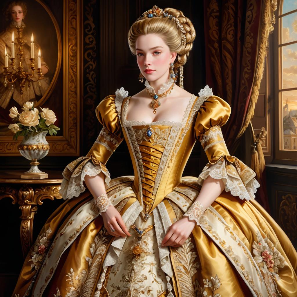 Young Woman in Golden Rococo Gown at Sunset Young Woman in Golden Rococo Gown at Sunset