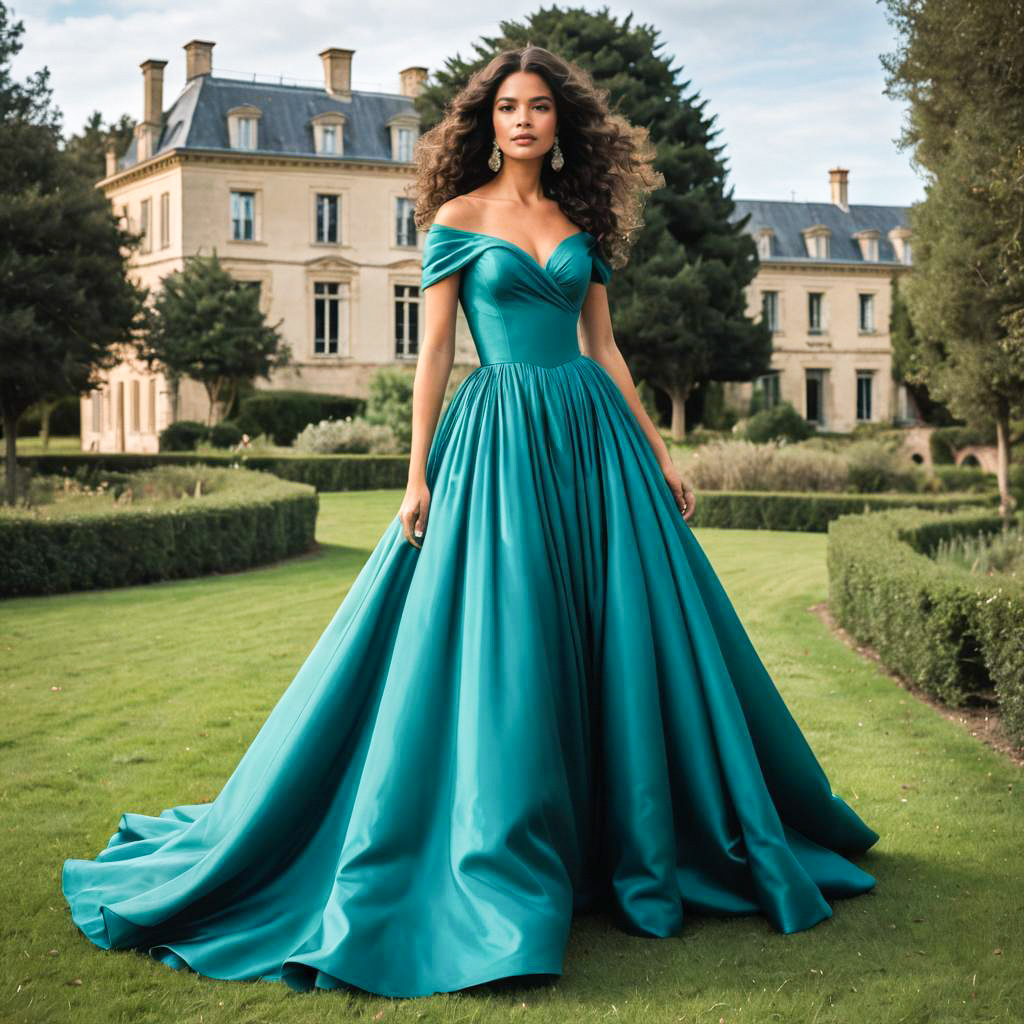 Elegant Woman in Teal Off-Shoulder Gown at Estate