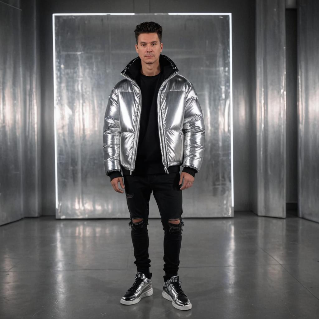 Confident Man in Silver Bomber Jacket