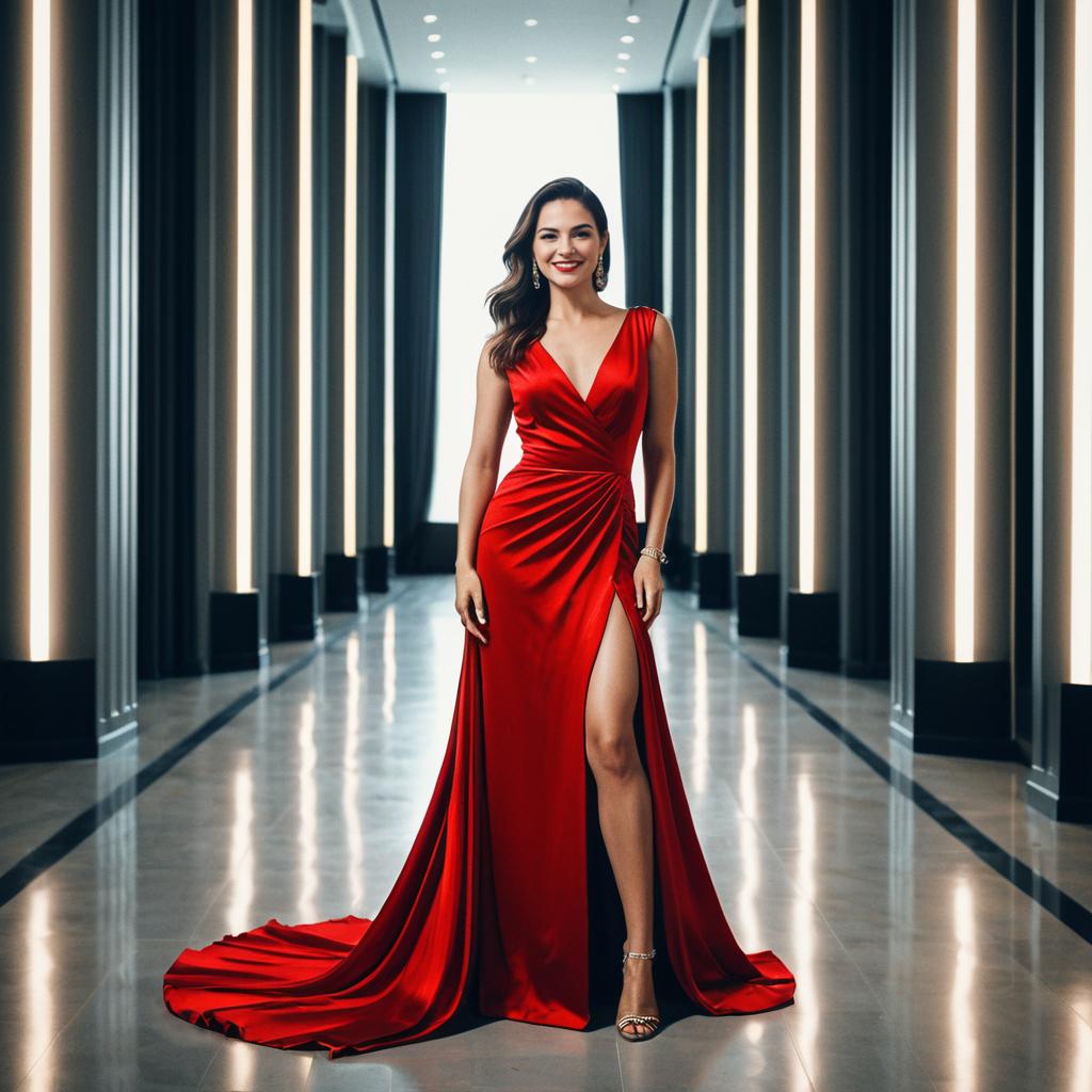 Confident Woman in Red Satin Gown in Modern Hallway