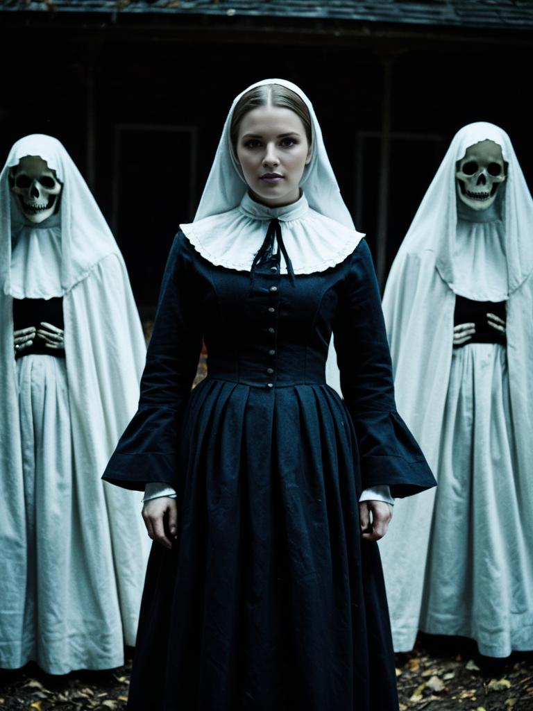Puritan Woman with Skull-Masked Figures in Gothic Horror Scene Puritan Woman with Skull-Masked Figures in Gothic Horror Scene