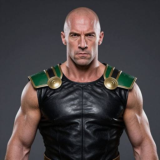 Muscular Bald Man in Black Leather Gladiator Vest with Green and Gold Shoulder Armor