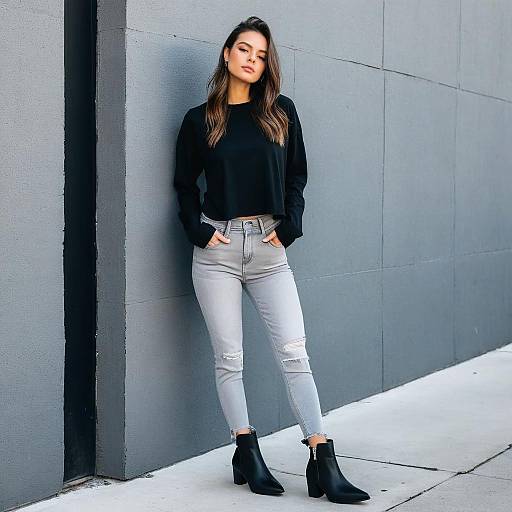 Stylish Woman in Black Crop Top and Ripped Gray Jeans Urban Street Style