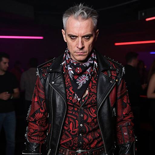 Man in Punk Rock Leather Vest and Red Patterned Shirt at Nightclub