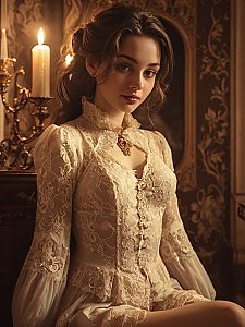 Young Woman in Vintage Lace Dress Sitting in Classic Warm Interior