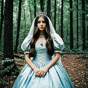 Young Woman in Fantasy Blue Gown in Forest