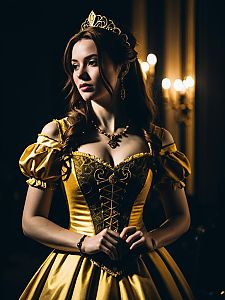 Elegant Woman in Yellow Belle Dress Cosplay at Fantasy Convention