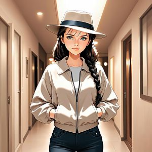 Stylish young woman in beige jacket and wide-brimmed hat