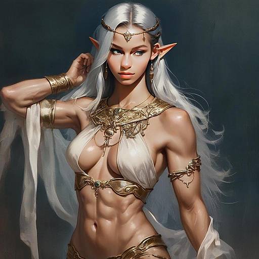 Fantasy Muscular Elven Woman in Ornate Armor Digital Artwork