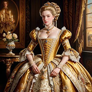Young Woman in Golden Rococo Gown at Sunset