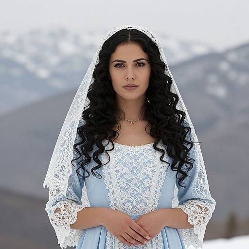 Woman in Pale Blue Lace Dress and Headscarf Outdoors
