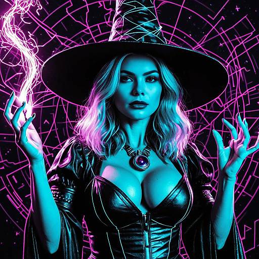 Mystical Neon Witch Woman Casting Magic Spell in Leather Corset
