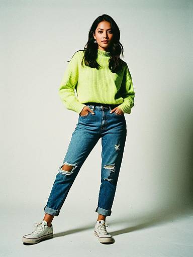 Woman in Neon Green Crewneck Sweater and Ripped Jeans Casual Streetwear Look