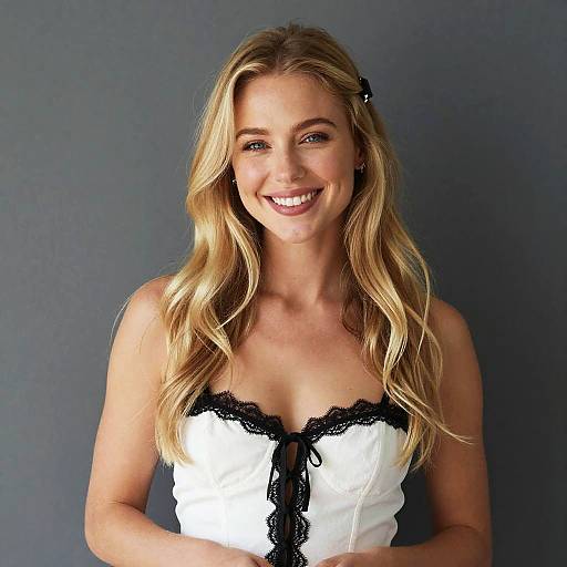 Smiling Blonde Woman in White Lace Corset Top Portrait