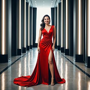 Confident Woman in Red Satin Gown in Modern Hallway