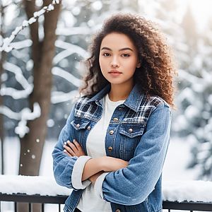 Young Woman in Denim Jacket on Snowy Day