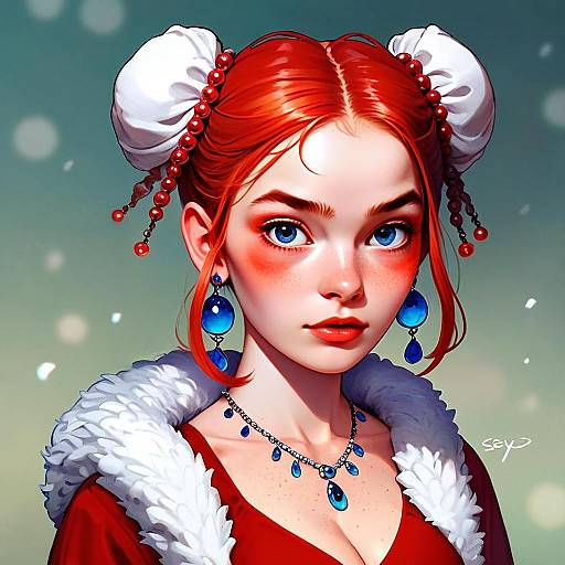 Vibrant Red-Haired Woman in Blue Jewelry Digital Portrait