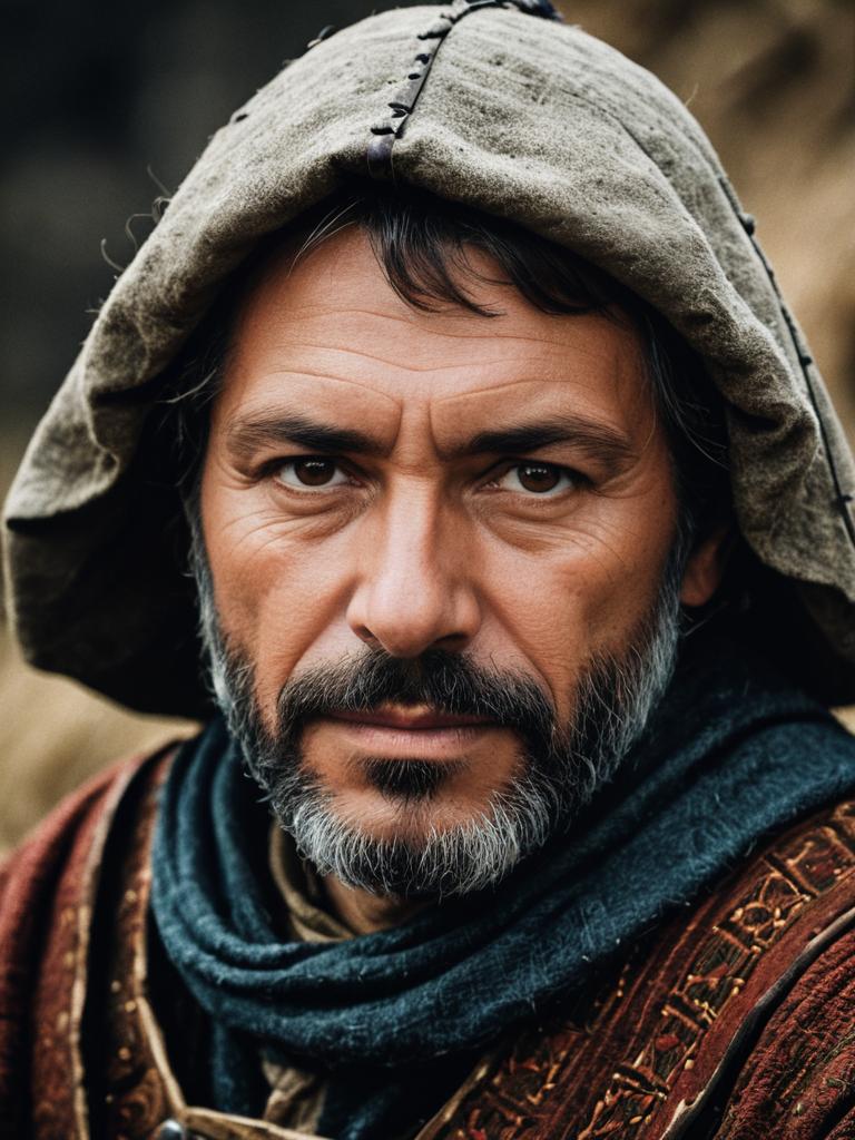 Medieval Peasant Man Close-Up Headshot in Authentic Costume