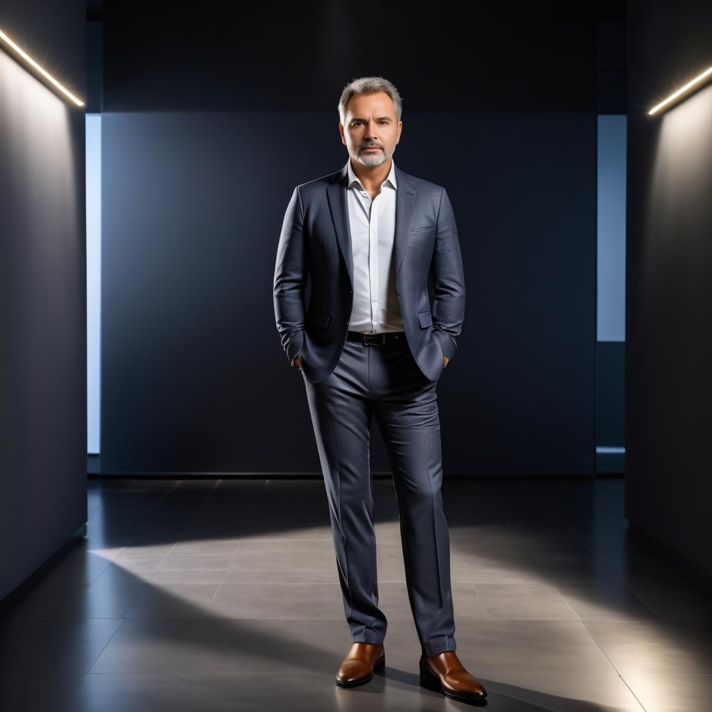 Confident Man in Tailored Suit in Dimly Lit Hallway