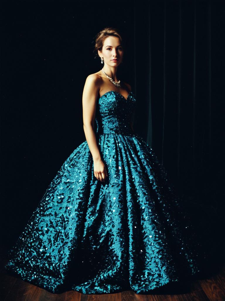 Elegant Woman in Sparkling Blue Party Gown Photorealistic Studio Portrait