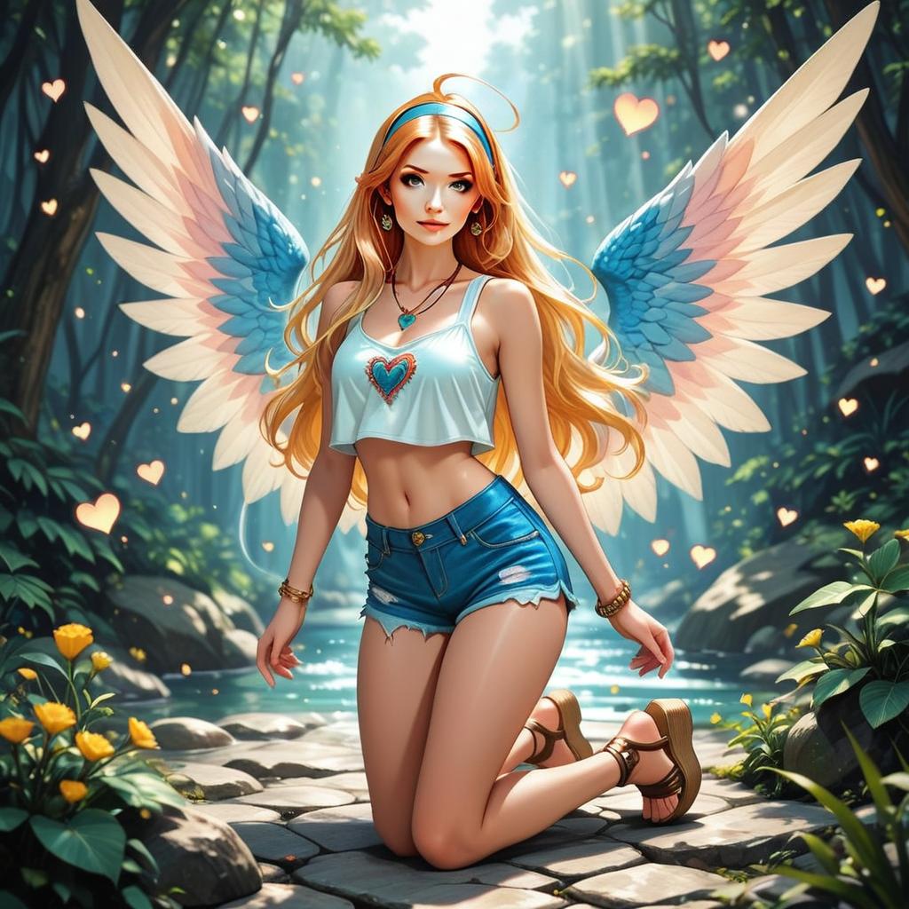 Fantasy Angel Woman in Forest Digital Illustration with Wings