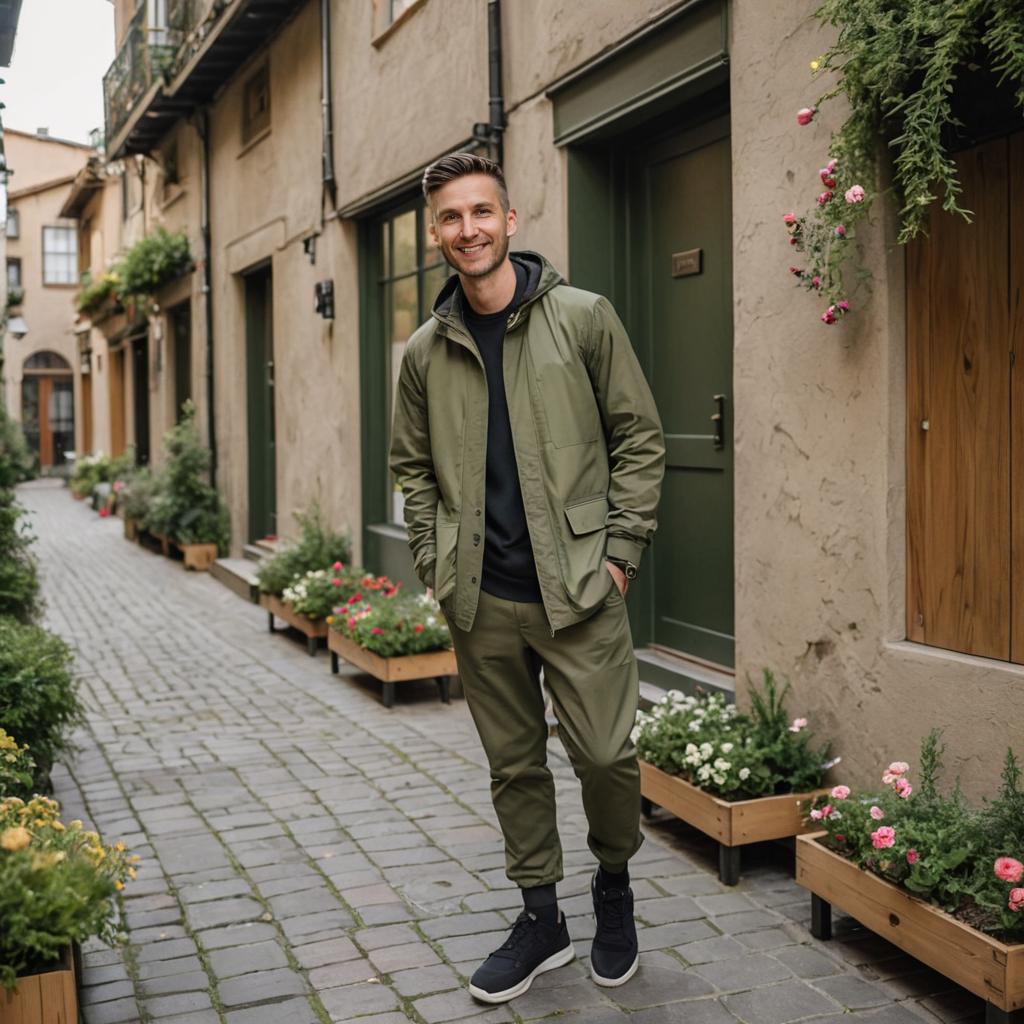 Stylish man on a quaint cobblestone street