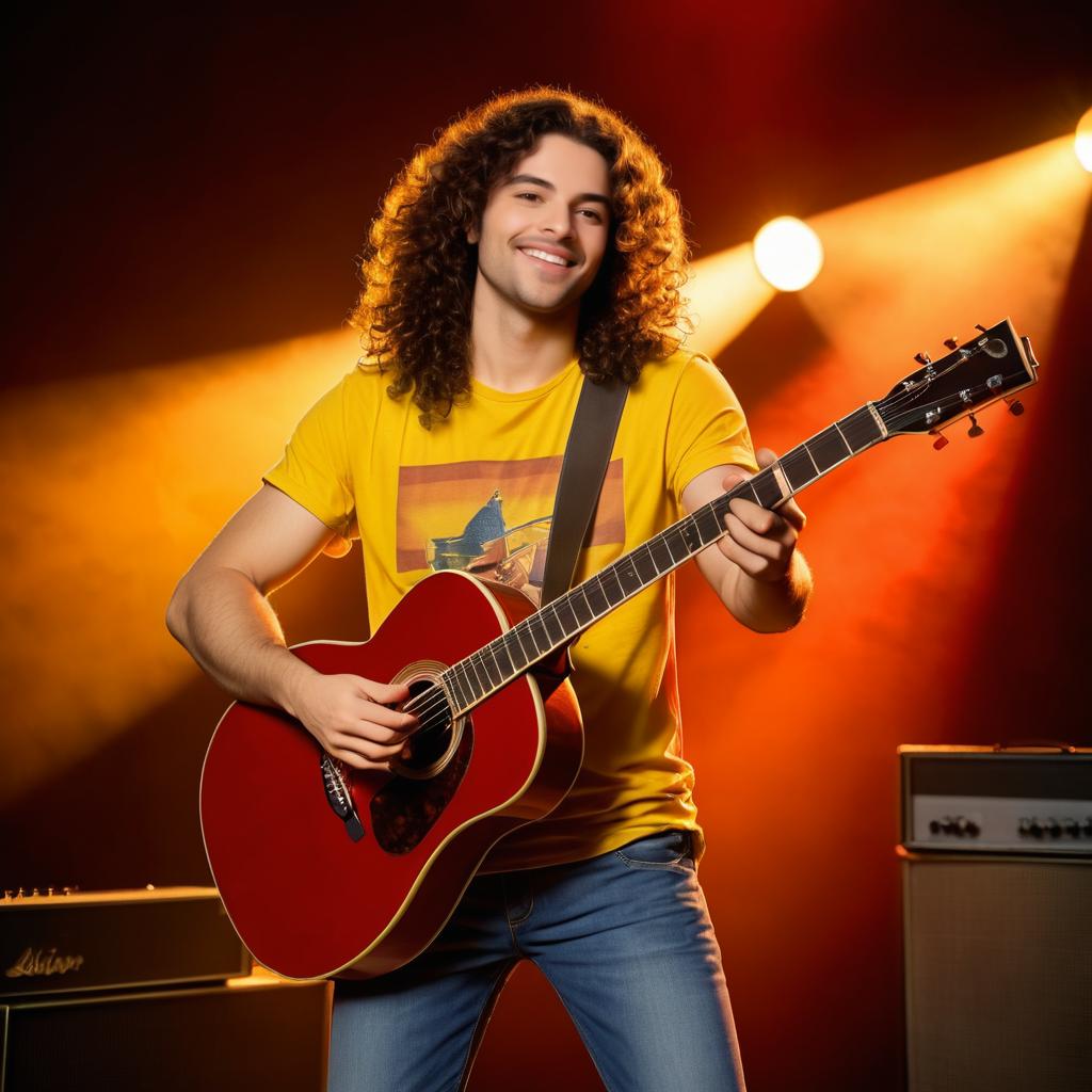 Energetic young man with guitar on stage