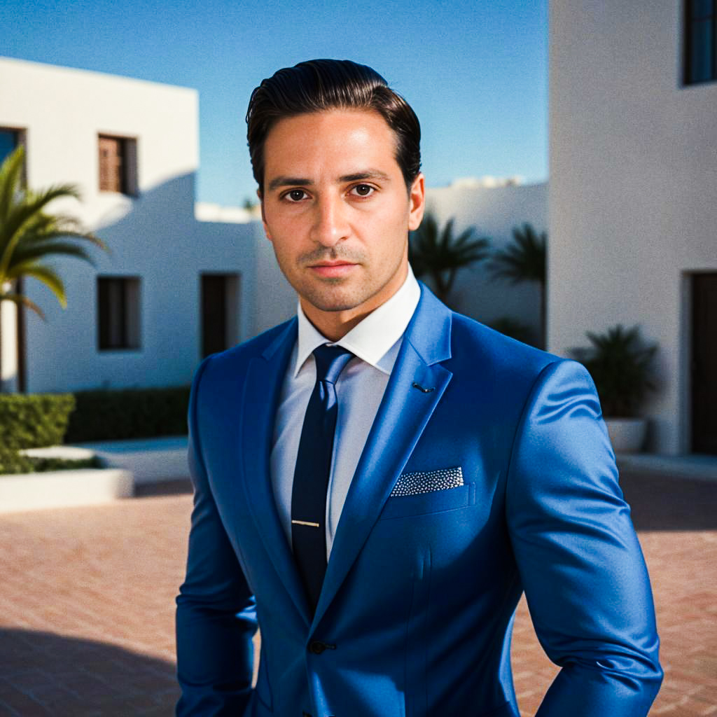 Stylish Young Man in Blue Suit Outdoors