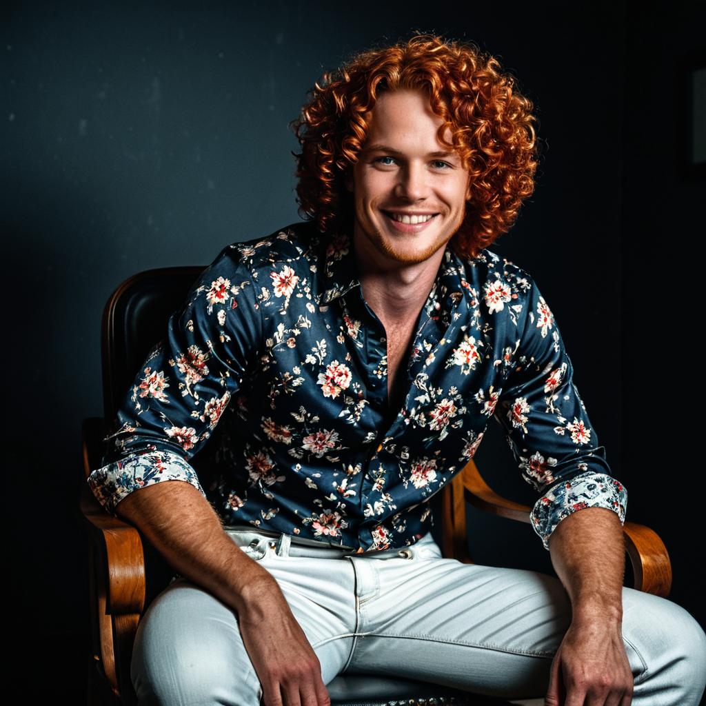 Confident Young Red-Haired Man in Floral Shirt Sitting on Chair